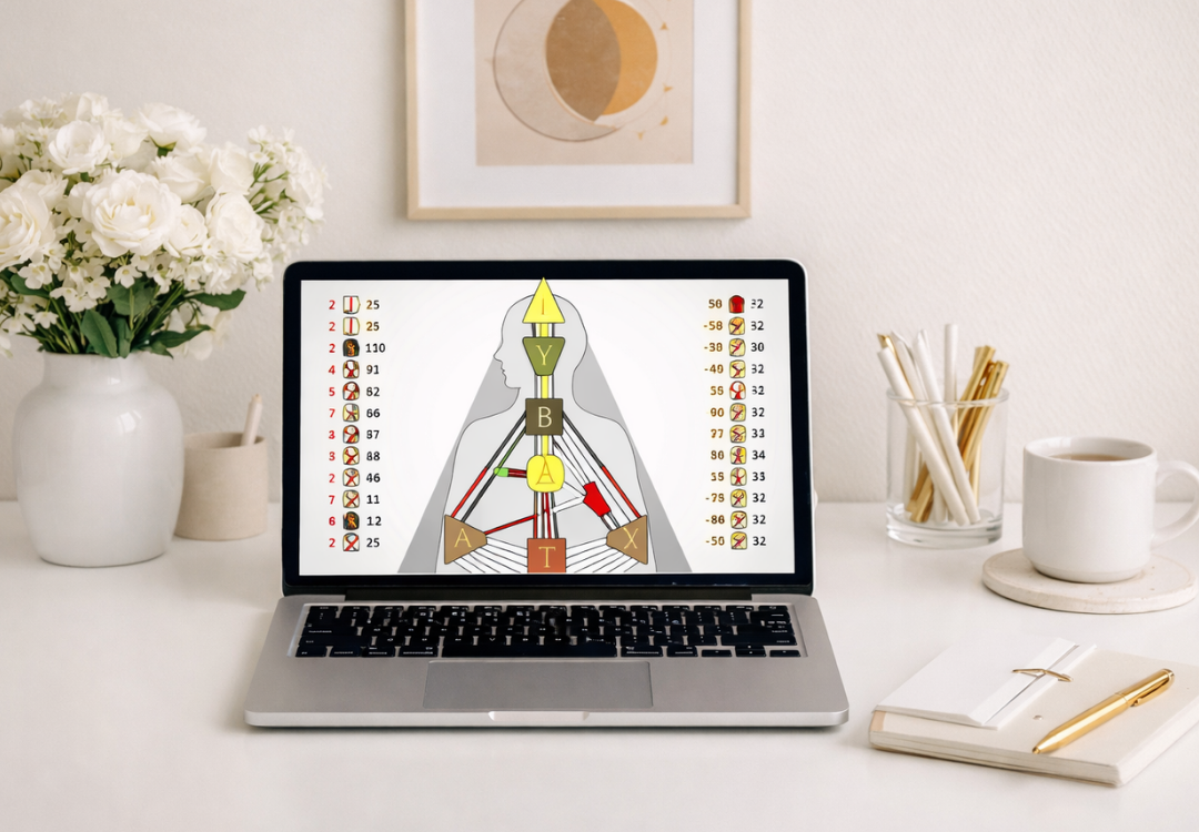 Bodygraph do Desenho Humano em um notebook sobre uma mesa clara, com flores e xícara de café